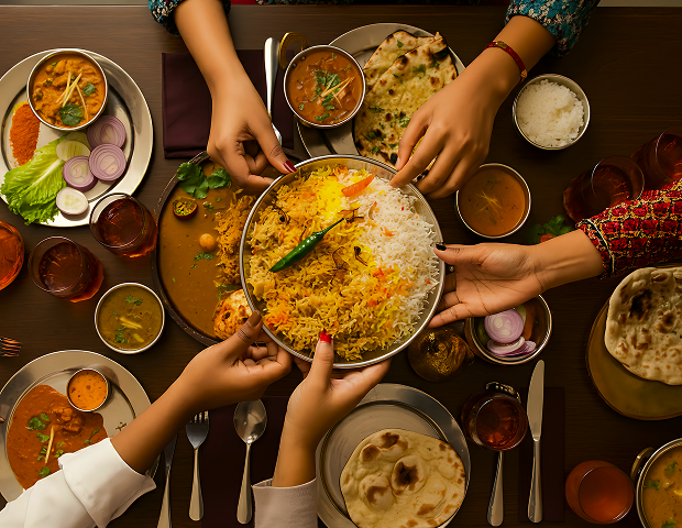 Indian food shared around a table